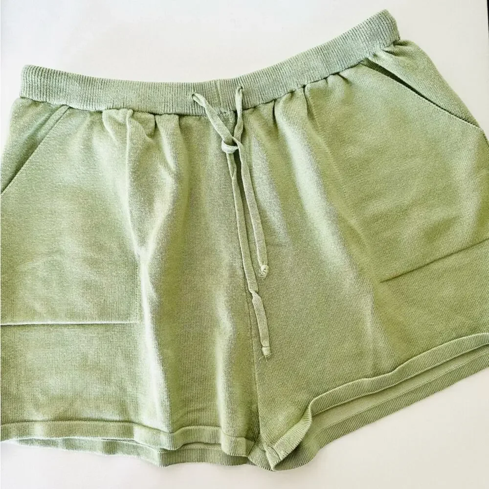 NEW ZESICA Sage Green Crop Bubble Long Sleeve Sweater Tie Pockets Shorts Set M - Picture 10 of 12